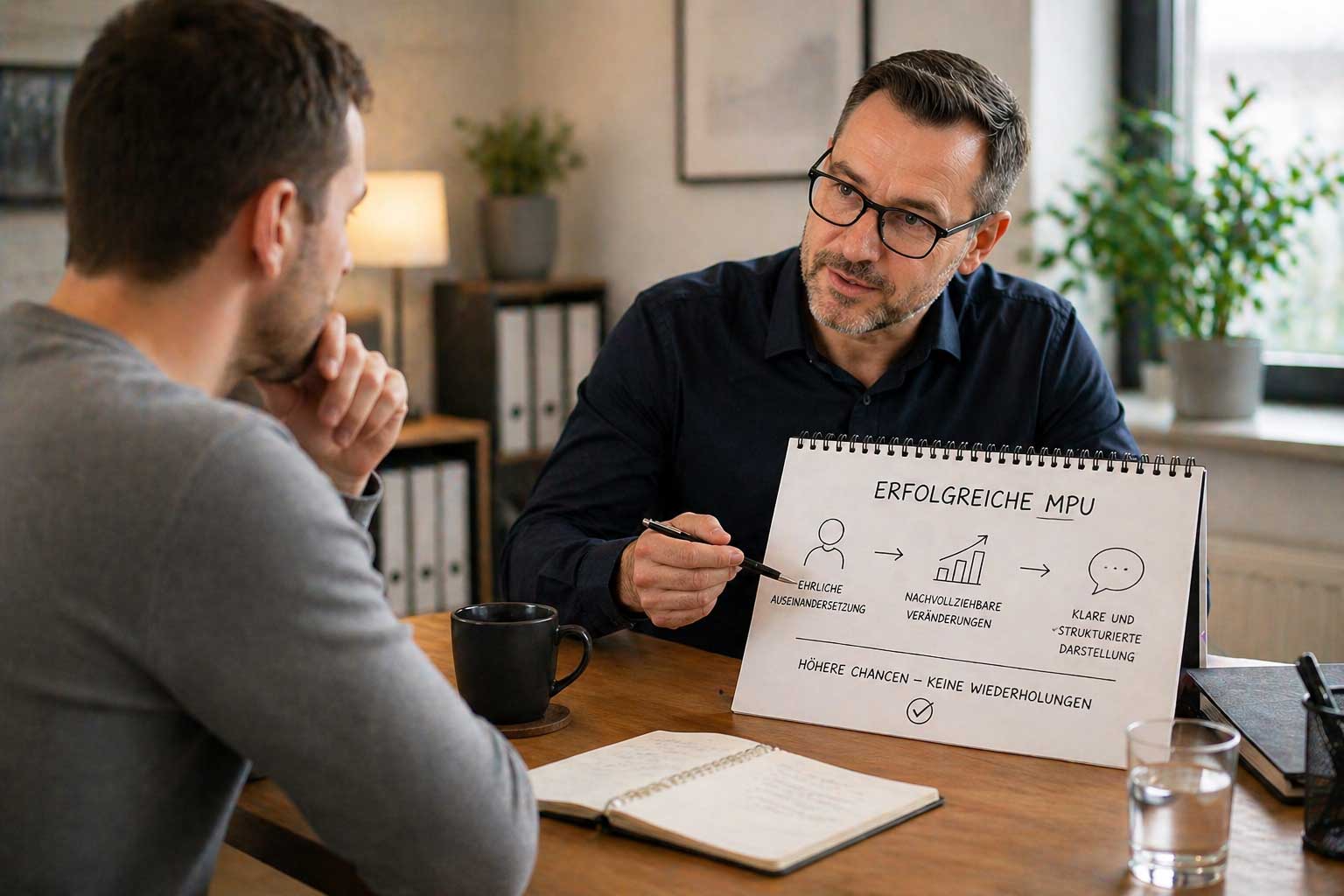 MPU Vorbereitung mit Berater und Klient im Gespräch